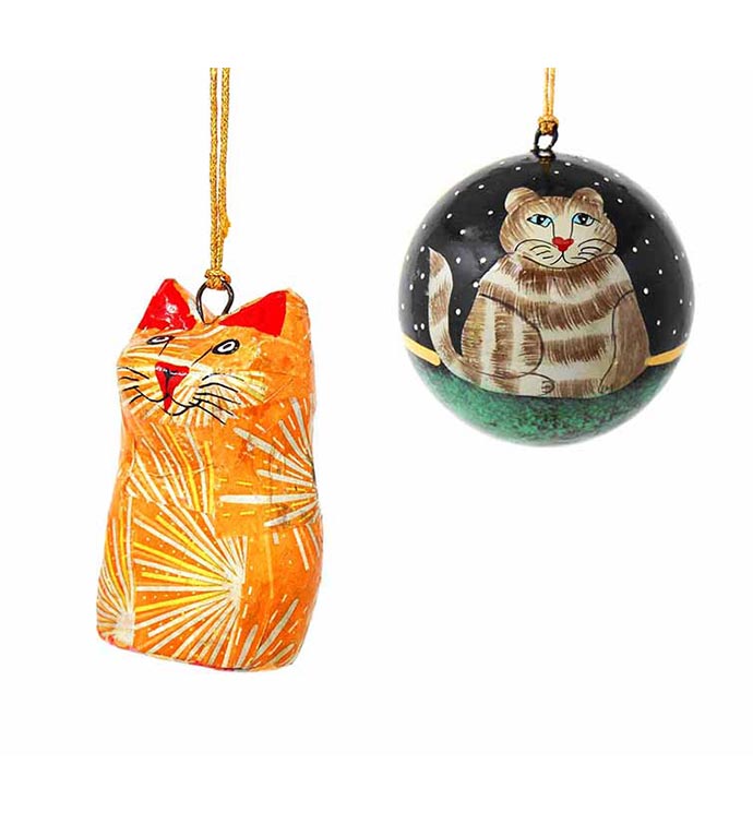 Handpainted Papier-mâché Cat Ornaments (Set of 2)